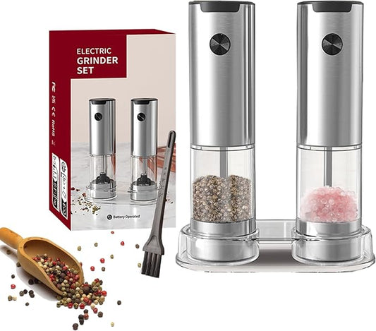 Electric Salt and Pepper Grinder Set, Automatic Salt Pepper Mill Grinder with Adjustable Coarseness, 95ml Large Capacity, LED Light & Easy Refill, Battery Operated Spice Grinders for Kitchen (Sliver)