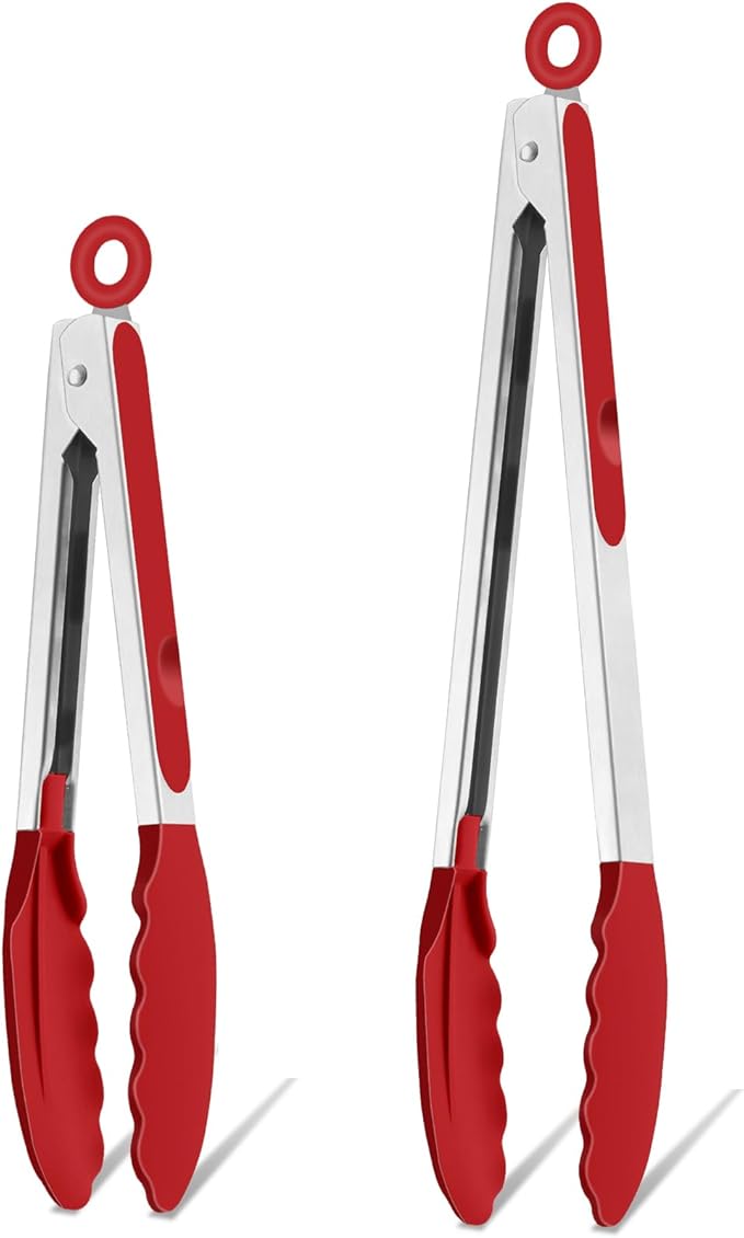 TeamFar Kitchen Tongs, 9" and 12" Stainless Steel Cooking Tongs with Silicone Tips for Cooking Grilling Serving & BBQ, Heat Resistant Silicone Tongs, Locking Design & Dishwasher Safe, Set of 2 & Red by TeamFar