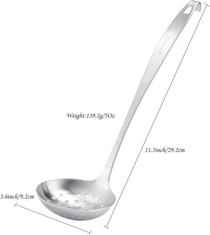 TENTA Kitchen Dia 9CM One Piece Stainless Steel Skimmer/Slotted Spoon/Strainer Ladle with Hook and Hole for Easy Hanging,11.5"x 3.6"