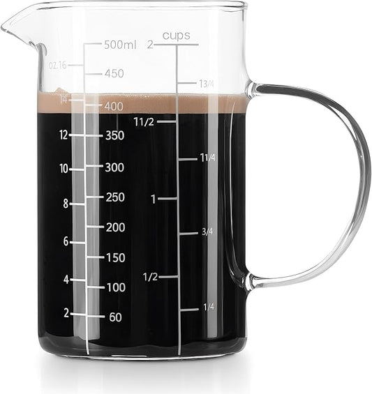 FrutPunch Glass Measuring Cup, 500ML (18OZ, 2 Cups), with Three Scales and V-Shaped Mouth Measuring Cup, High Borosilicate Glass Liquid Measuring Cups, Suitable for Kitchen and Restaurant.