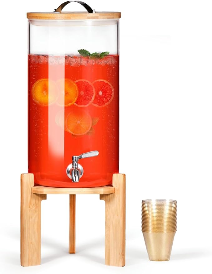 Glass Beverage Dispenser with Bamboo Stand and Lid, Iced 2.9 Gallon Drink Server with 304 Spigot,Large Thick Glass Drink Dispenser for Parties,Hotels,Restaurants, with 9 oz 100 clear Gold Plastic Cups