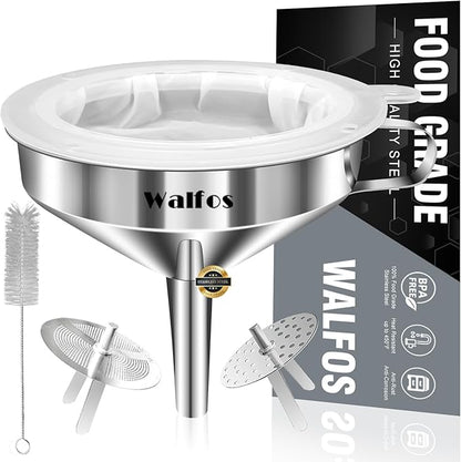 Stainless Steel Funnel, Walfos Kitchen Funnel with 2 Removable Strainer ＆ 1Pc Cleaning Brush, Perfect for Transferring of Liquid, Oils, Jam, Dry Ingredients & Powder (Big, 4.9") by Walfos