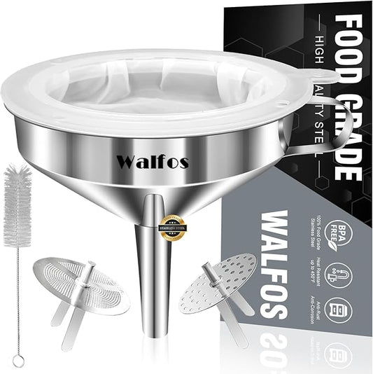 Stainless Steel Funnel, Walfos Kitchen Funnel with 2 Removable Strainer ＆ 1Pc Cleaning Brush, Perfect for Transferring of Liquid, Oils, Jam, Dry Ingredients & Powder (Big, 4.9") by Walfos