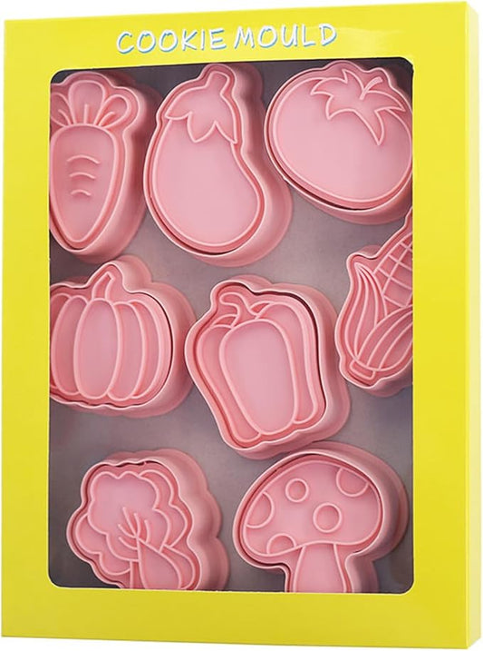 8-Pcs Vegetable Cookie Cutters Set 3D Carrot, Tomato, Bell Pepper, Corn, Eggplant, Cabbage, Pumpkin, Mushroom Cookie Cutters for Party Baking and Decoration