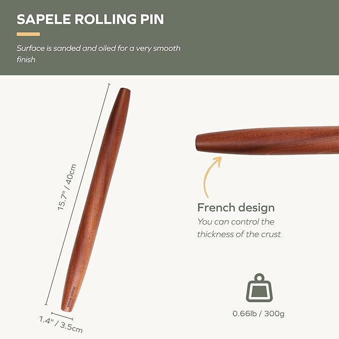 Muso Wood Sapele Wooden French Rolling Pin for Baking, Tapered Roller for Fondant, Pie Crust, Cookie, Pastry (French 15-3/4inch) - Image 3