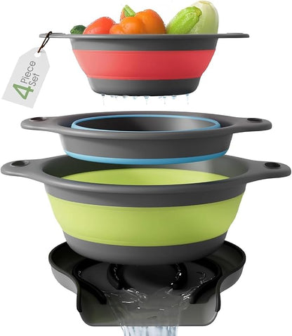 Gevoli Collapsible Colanders with Self-Draining Base for Edge of Sink, Food Strainers (Small/Med/Large), Nested Design for Easy Storage (Red, Blue, Green) (4PC Set) by Gevoli
