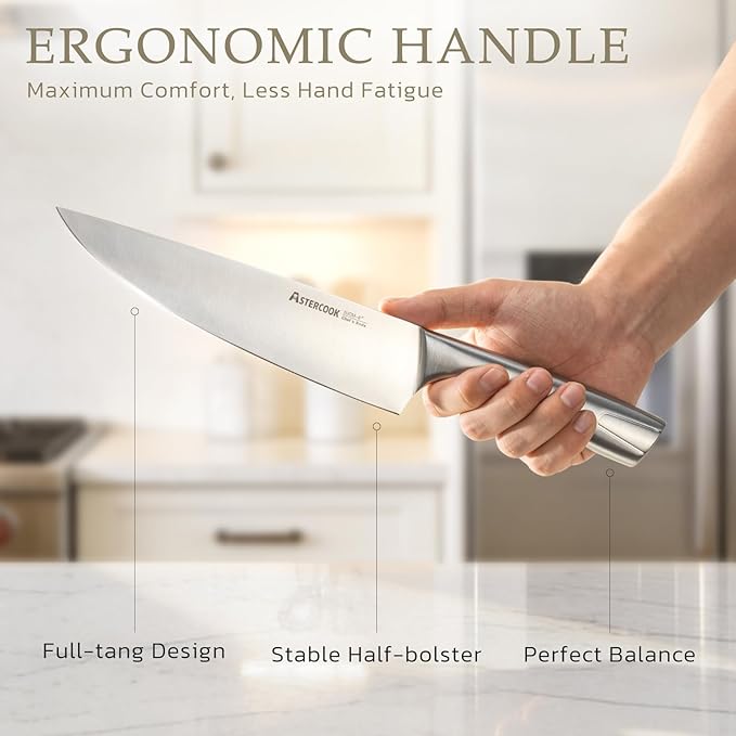 Astercook Knife Set, Kitchen Knives Set with Block and Sharpener Full Tang 15 Pcs Premium Stainless Steel Knives, Dishwasher Safe Knife Set with Anti-slip Ergonomic Handle, Walnut, Mothers Day Gifts - Image 4