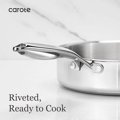 CAROTE 21pcs Tri-Ply Stainless Steel Cookware Set, Pots and Pans Set, Non Toxic Induction Kitchen Cooking Sets, Cookware Collection, Mirror Polish, Silver - Image 6