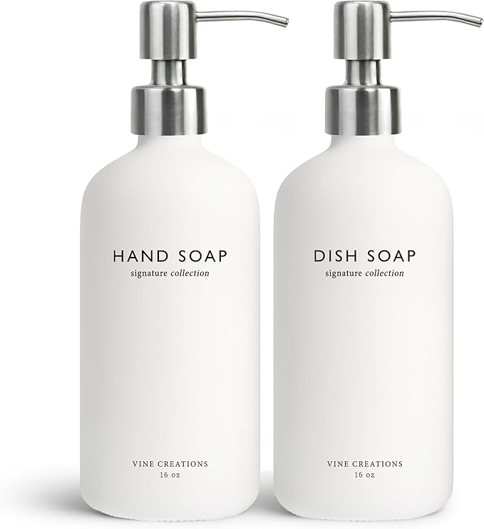 Vine Creations White Glass Soap Dispenser Set, Dish Soap and Hand Soap Dispenser Set with Stainless Steel Pump, 16 oz Glass Dispensers for Kitchen or Bathroom Decor (Matte White Bottle/Silver) by VineCreations