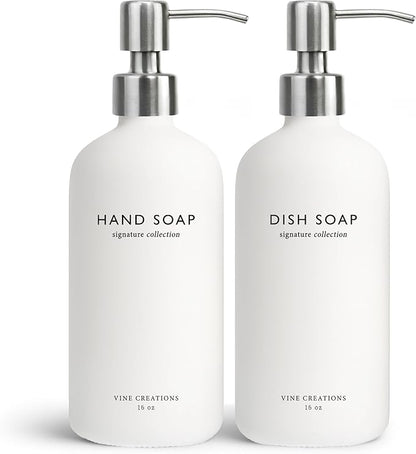 Vine Creations White Glass Soap Dispenser Set, Dish Soap and Hand Soap Dispenser Set with Stainless Steel Pump, 16 oz Glass Dispensers for Kitchen or Bathroom Decor (Matte White Bottle/Silver) by VineCreations