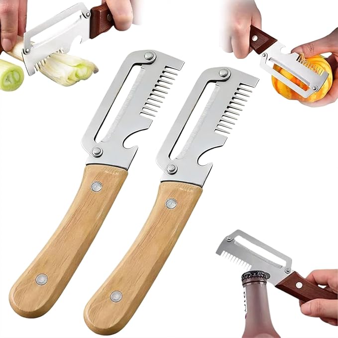 2PCS 3-in-1 Multifunctional Vegetable Peeler, Multifunctional Stainless Steel Peeler, Zero Snag Wooden Peeler, with Bottle Opener & Green Onion Comb Teeth, Kitchen Peeling Tool ﻿ by Unknown