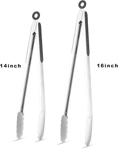 304 Stainless Steel Kitchen Cooking Tongs, 14" and 16" Set of 2 Sturdy Grilling Barbeque Brushed Locking Food Tongs with Ergonomic Grip, Black - Image 4