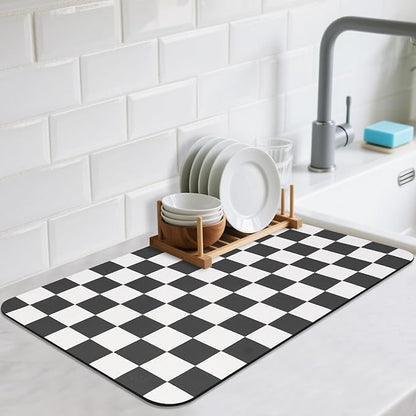 CooRug Checkered Dish Drying Mat for Kitchen Counter, Absorbent Non-Slip Coffee Mat, Heat Resistant Mat for Countertops Coffee Bar Decor 16" x 24" Black by CooRug