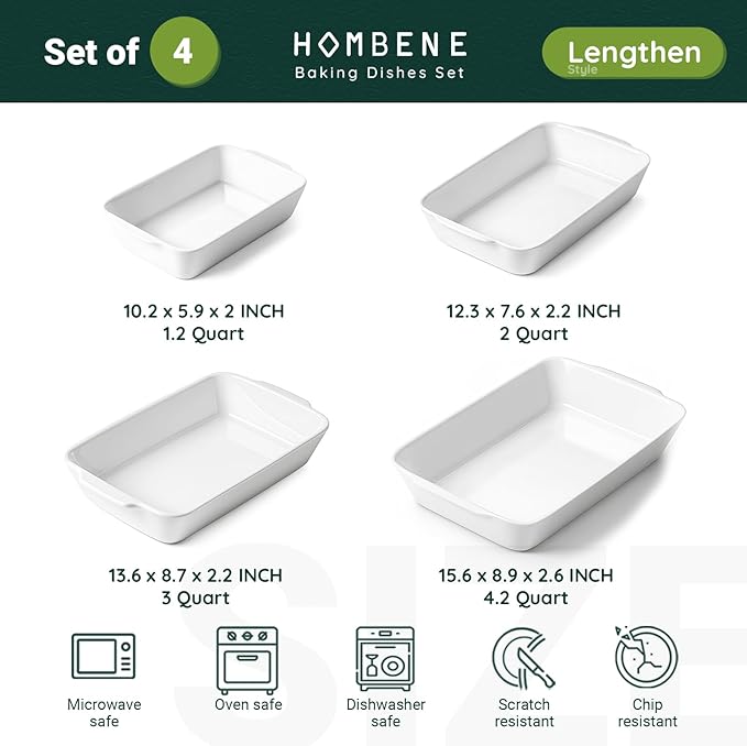 HOMBENE Baking Dish Set for 4, Ceramic Bakeware Sets with Handles, Casserole Dishes for Oven, Kitchen Decor, Microwave Oven Safe (1.2QT/2QT/3QT/4.2QT) - Image 2