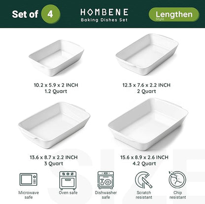 HOMBENE Baking Dish Set for 4, Ceramic Bakeware Sets with Handles, Casserole Dishes for Oven, Kitchen Decor, Microwave Oven Safe (1.2QT/2QT/3QT/4.2QT) - Image 2