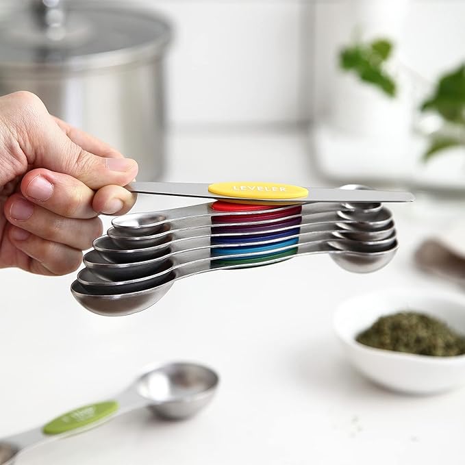Spring Chef Stainless Steel Magnetic Measuring Spoons Set with Strong Magnets, Heavy Duty Metal Kitchen Essentials - Fits in Most Kitchen Spice Jars, Multicolor, Set of 8 with Leveler - Image 8
