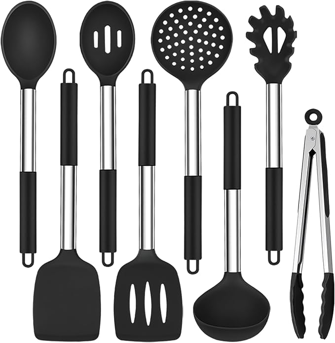 TeamFar Kitchen Utensils Set of 8, Silicone Utensils Kitchen Tools Set with Stainless Steel Handle, for Frying Serving Flipping Draining, Non-toxic & Heatproof, Nonstick & Dishwasher Safe - Black by TeamFar