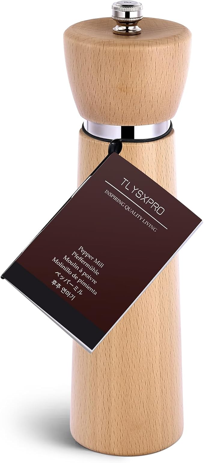 TLYSXPRO Wooden Pepper Grinder – Refillable Pepper Mill with Adjustable Upgraded Large Size Ceramic Burr – Manual Salt Grinder with Beech Wood Body – 8.3” Tall