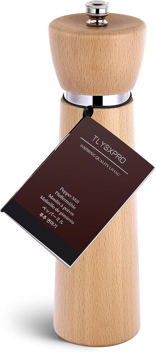 TLYSXPRO Wooden Pepper Grinder – Refillable Pepper Mill with Adjustable Upgraded Large Size Ceramic Burr – Manual Salt Grinder with Beech Wood Body – 8.3” Tall
