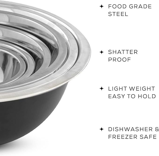 JoyJolt Stainless Steel Mixing Bowl Set - 6 Piece Nesting Bowls, 5qt to 0.5qt, Black, Perfect for Dough, Batter & Baking - Image 3