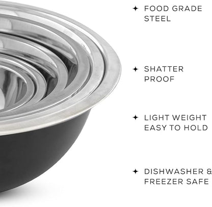 JoyJolt Stainless Steel Mixing Bowl Set - 6 Piece Nesting Bowls, 5qt to 0.5qt, Black, Perfect for Dough, Batter & Baking - Image 3