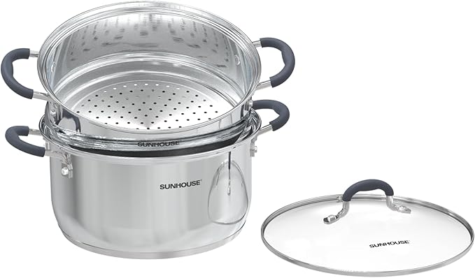 SUNHOUSE - 3.1 Quart Steamer Pots with Lid 2-Tier Multipurpose Stainless Steel Steaming Pot Cookware with Handle for Vegetable, Dumpling, Sauce, Food - Triple Bottom, Measurement Line by SUNHOUSE
