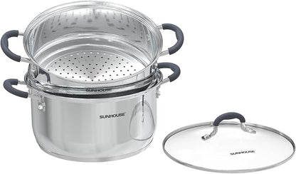 SUNHOUSE - 3.1 Quart Steamer Pots with Lid 2-Tier Multipurpose Stainless Steel Steaming Pot Cookware with Handle for Vegetable, Dumpling, Sauce, Food - Triple Bottom, Measurement Line by SUNHOUSE