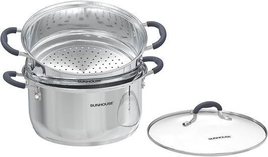 SUNHOUSE - 3.1 Quart Steamer Pots with Lid 2-Tier Multipurpose Stainless Steel Steaming Pot Cookware with Handle for Vegetable, Dumpling, Sauce, Food - Triple Bottom, Measurement Line by SUNHOUSE