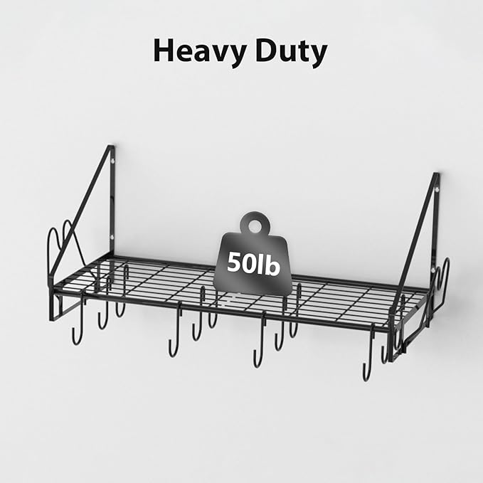 VyGrow 28 Inch Pot Rack Wall Mounted, Pots and Pans Organizer with 12 Hooks and 2 Pot Lid Holders, Heavy Duty Steel Pot and Pan Hanger for Kitchen Cookware Utensils Storage 34.7" Lx13 Wx12.6 H - Image 4