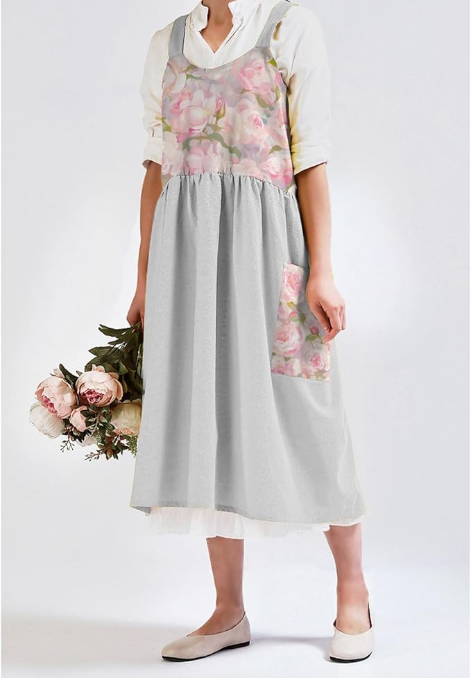 Uaussi Cotton Linen Apron Cross Back Work Apron for Women with Pockets Pinafore Dress X Cross Halter Apron for Chef Gardening - Image 6