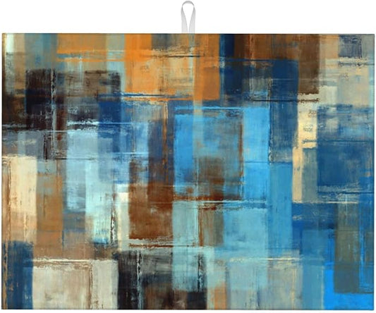 Modern Abstract Art Dish Drying Mat Blue Brown Gradient Painting Geometric Drying Rack Pad Countertop Dishes Ultra Absorbent Microfiber Kitchen Counter Mat 18x24 Inch