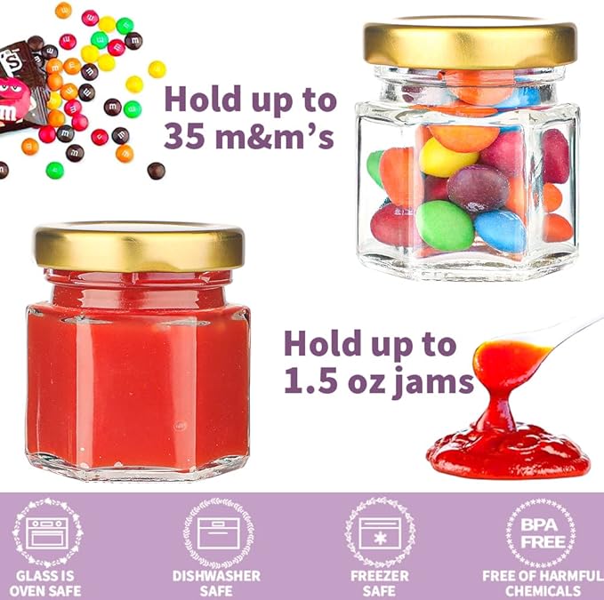 Syntic 60 Pcs Small Glass Containers with Airtight Lids, 1.5 oz Mini Honey Jars for Wedding Favor, Baby Shower, Small Hexagon Candle Jars for Making Candles, Body Butter, Jam, Spices, Herbs, DIY Gift - Image 5