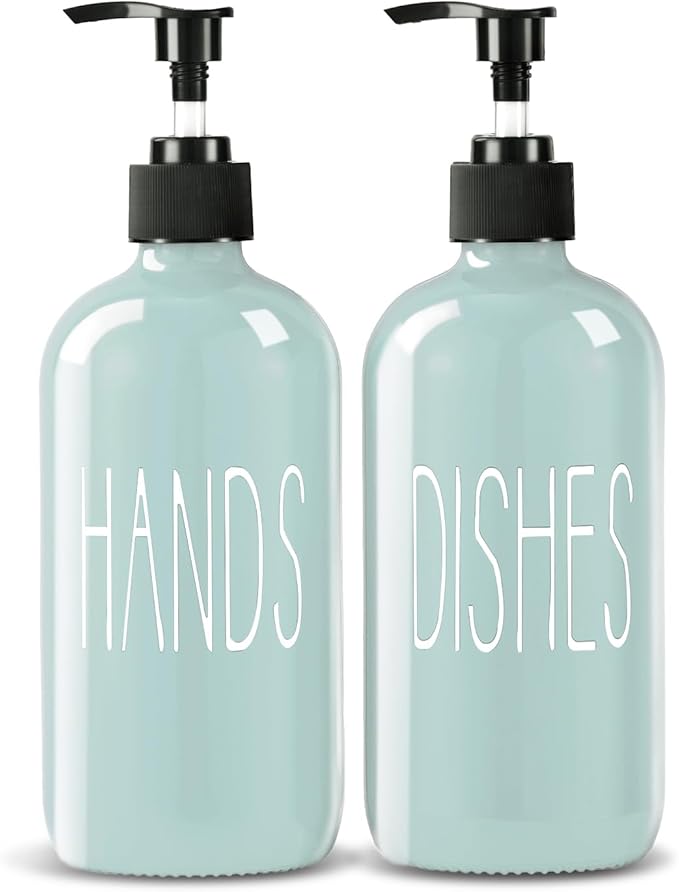COHOSEGE Glass Soap Dispenser Set 2 Pack,16 Oz Dish Soap Dispenser for Kitchen Sink,Green Kitchen Accessories and Kitchen Decor,Green Decorations and Kitchen Utensils for Kitchen by COHOSEGE