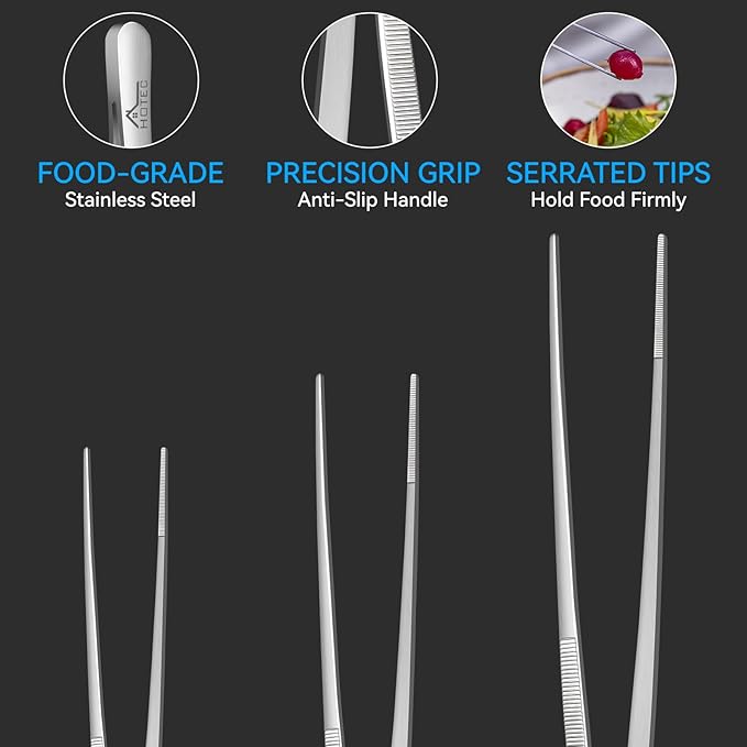 HOTEC Kitchen Tweezers Tongs Stainless Steel Professional Chef Tweezers, Set of 3-6.3", 10" and 12inch Food Tongs for Cooking, Repairing, Dessert, BBQ, Meat, Pasta, Silver - Image 6