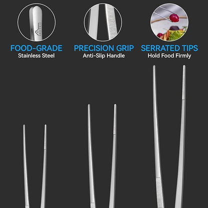 HOTEC Kitchen Tweezers Tongs Stainless Steel Professional Chef Tweezers, Set of 3-6.3", 10" and 12inch Food Tongs for Cooking, Repairing, Dessert, BBQ, Meat, Pasta, Silver - Image 6