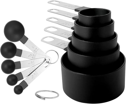 Measuring Cups and Spoons Set, 10-Piece Stackable Kitchen Tools with Stainless Steel Handles, Nesting Measurement Gadgets for Cooking & Baking (black)