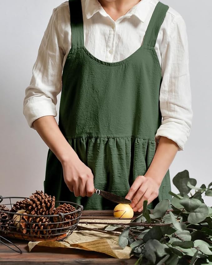 Uaussi Cotton Linen Apron Cross Back Work Apron for Women with Pockets Pinafore Dress X Cross Halter Apron for Chef Gardening - Image 4