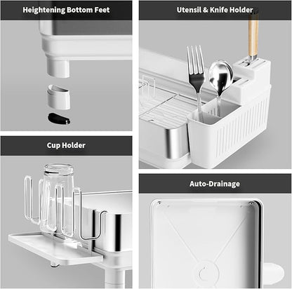 Ewaiira Dish Drying Rack, 304 Stainless Steel Dish Racks for Kitchen Counter, Dish Drainers with Automatic Drainage, Utensil Holder & Cups Holder, Space Saving Kitchen Organizer, White - Image 7