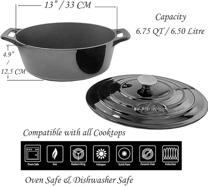 La Cuisine Enameled Cast Iron Oval Dutch Oven Casserole 6.75 QT 33x25x16cm Matt Black Enamel Coating Interior, Glossy Black Exterior, Oven Safe, Induction Cooktop Compatible