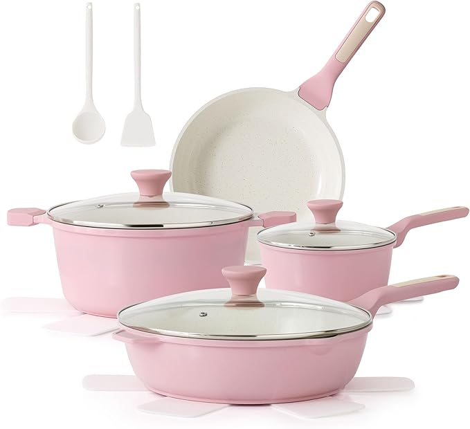 SENSARTE Nonstick Ceramic Cookware Set Large 13-Piece, Healthy Pots and Pans Set Dishwasher Safe, Non-toxic Kitchen Cooking Set with Stay-Cool Handles, Induction Compatible, PFAS Free, Pink by SENSARTE