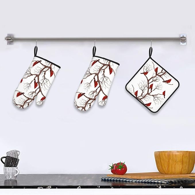 Winter Cardinal Birds Oven Mitts and Pot Holders Sets of 3 Kitchen Hot Pads Oven Gloves Heat Resistant Washable for Cooking Grilling Baking Christmas Holiday Kitchen Decor Cardinal Gifts for Women - Image 6