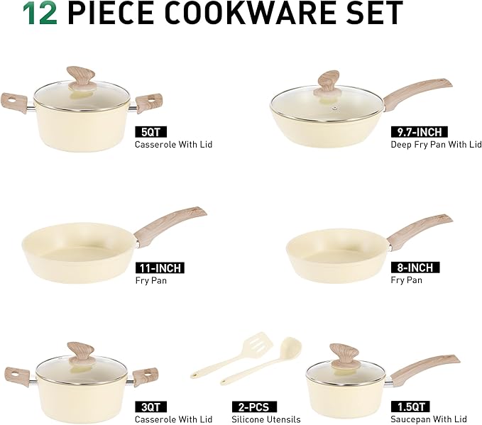MAISON ARTS Pots and Pans Set Non Stick, Kitchen Cookware Sets Nonstick, 12 Piece Granite Cooking Pot and Pan for Induction, Stovetop, Beige - Image 2