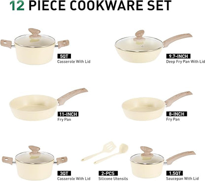MAISON ARTS Pots and Pans Set Non Stick, Kitchen Cookware Sets Nonstick, 12 Piece Granite Cooking Pot and Pan for Induction, Stovetop, Beige - Image 2