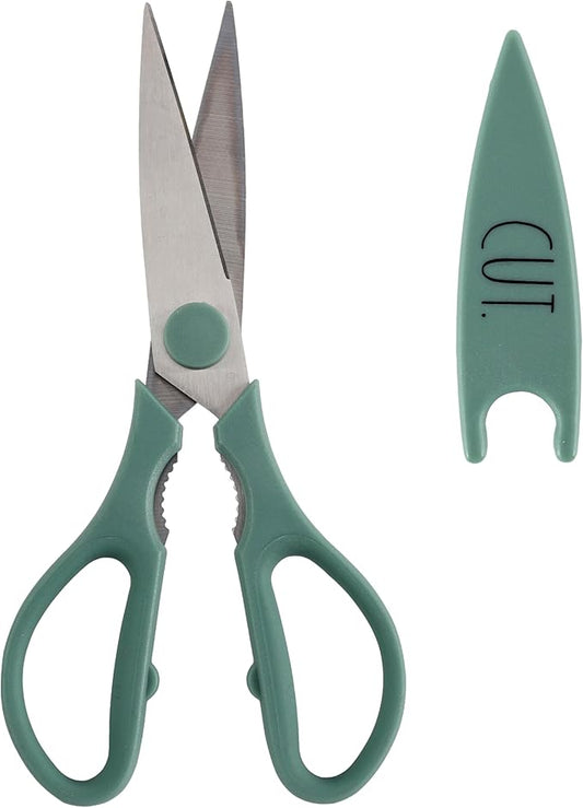 Rae Dunn Kitchen Scissors- Stainless Steel Kitchen Shears, Cooking Scissors for Cutting Meat, Chicken, Herbs and Produce with Blade Cover and Soft Grip Handles (Sage)