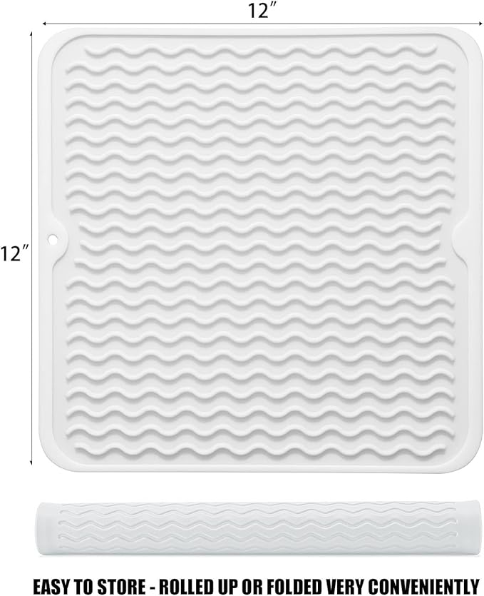 Silicone Dish Drying Mat for Multiple Usage, Easy clean, Eco-friendly, Heat-resistant Dish Drainer Mat for Kitchen Counter,Sink,Refrigerator or Drawer liner (12" x 12", White) - Image 2