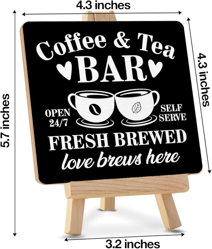 Coffee Tea Bar Decor, Coffee and Tea Bar Wood Sign with Easel Home Kitchen Desk Shelf Table Tiered Tray Decorations - Image 2