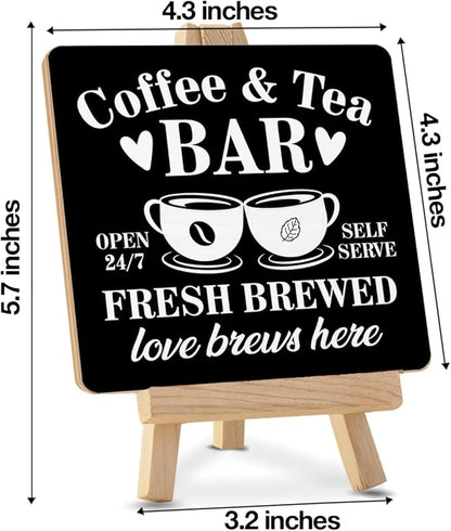 Coffee Tea Bar Decor, Coffee and Tea Bar Wood Sign with Easel Home Kitchen Desk Shelf Table Tiered Tray Decorations - Image 2