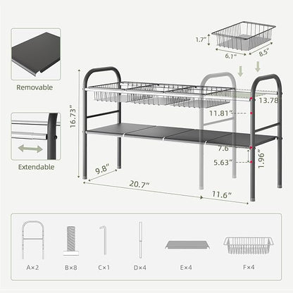 NETEL Under Sink Organizers and Storage, 2 Tier Expandable Under Cabinet Organizer Shelf with 4 Baskets and 4 Panels, Expandable Shelf for Cupboard, Kitchen, Bathroom, Shoe Storage Rack