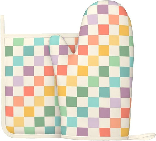 Vintage Checkered Silicone Oven Mitts Pan Mats Set of 2, Heat Resistant Gloves Potholder with Non-Slip Grips Hanging Loops Pot Holder, Spring Summer for Chef Cooking, Baking, Grilling, BBQ