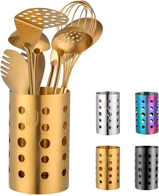 QRU Kitchen Utensil Holder for Countertop (H6.7” x W4.1”), Stainless Steel Cooking Utensil Caddy for Tools, Spatulas, Spoons, Silverware & More, Cooking Utensil Organizer, Kitchen Decor (Gold)